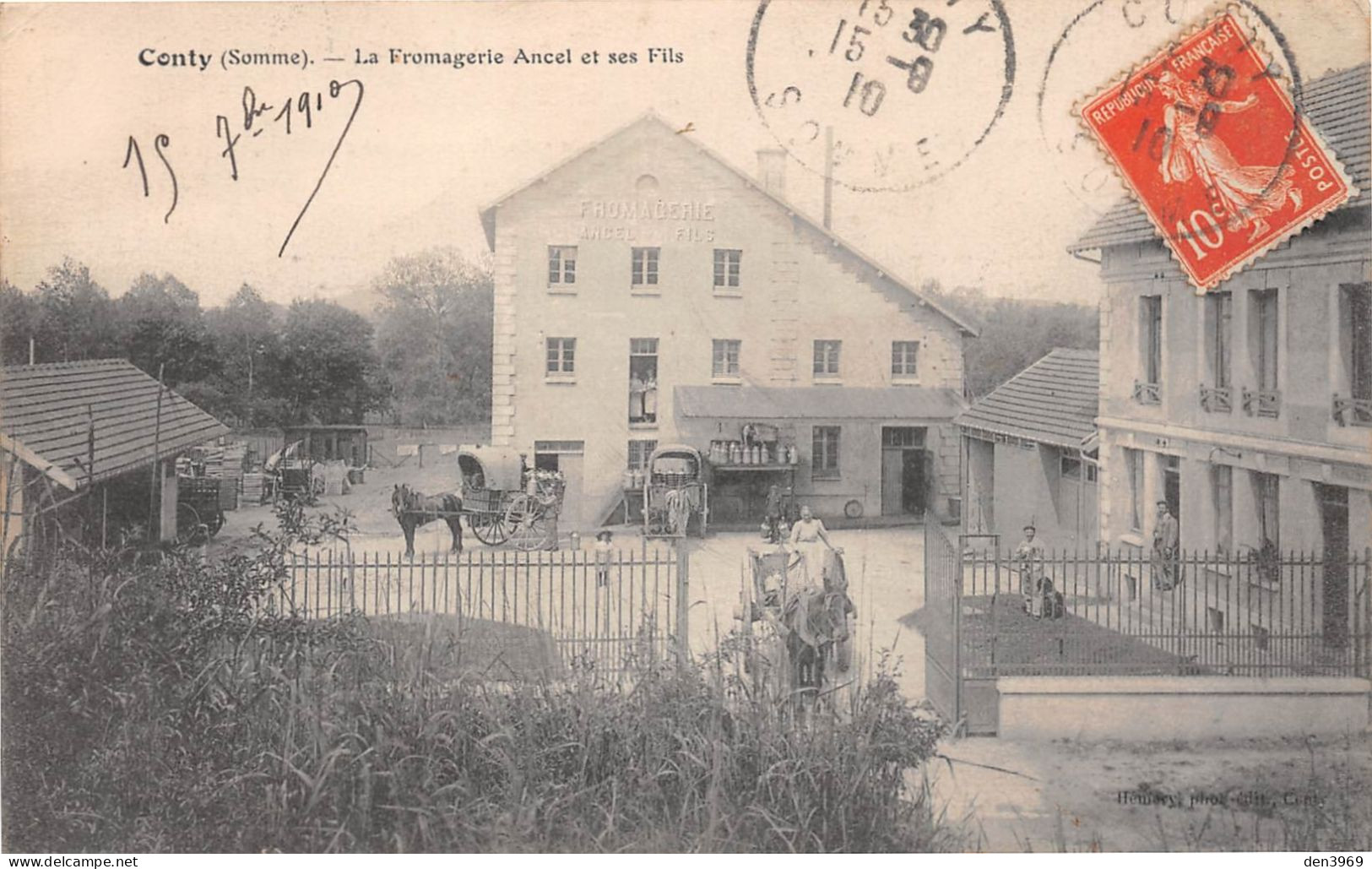 CONTY (Somme) - La Fromagerie Ancel Et Ses Fils, Attelages - Voyagé 1910 (2 Scans) Blain 17 Rue Du Port Communeau Nantes - Conty