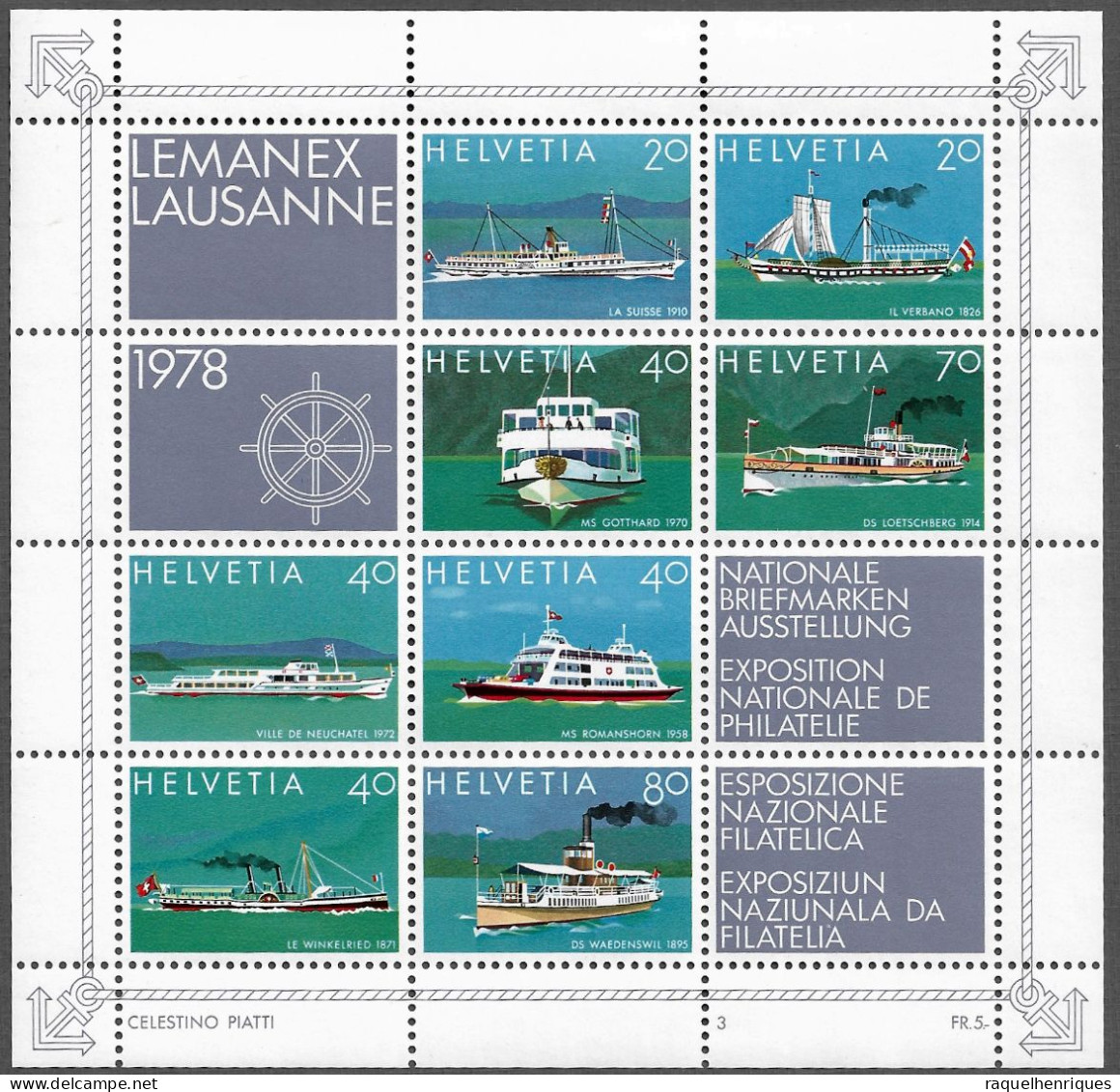 SWITZERLAND 1978 Ships - National Philatelic Exhibition LEMANEX `78 Lausanne MINISHEET MNH (NP#67-P31) - Unused Stamps