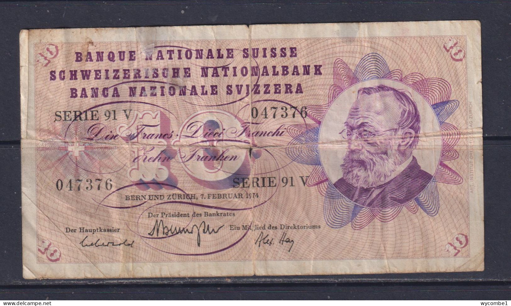 SWITZERLAND  - 1974 10 Francs Circulated Banknote As Scans - Zwitserland