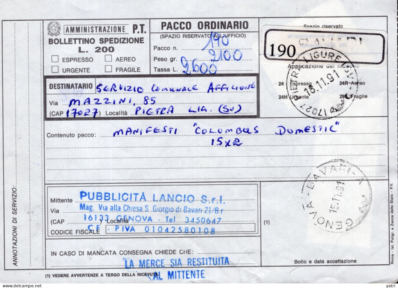 Italia (1991) - Bollettino Pacchi Da Genova Per Pietra Ligure (manifesti) - Paketmarken