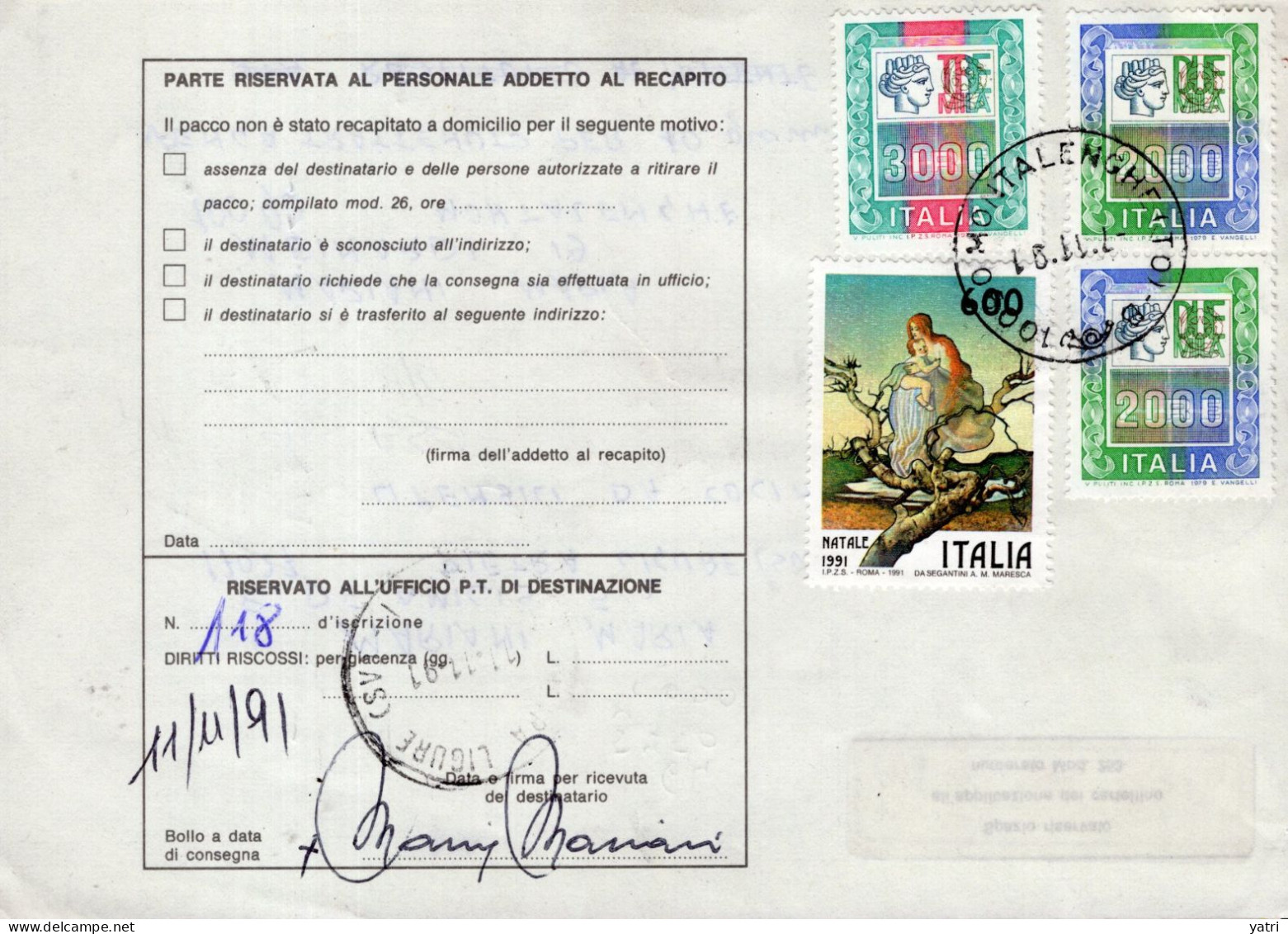 Italia (1991) - Bollettino Pacchi Da Montalenghe Per Pietra Ligure (utensili Da Cucina) - Paketmarken
