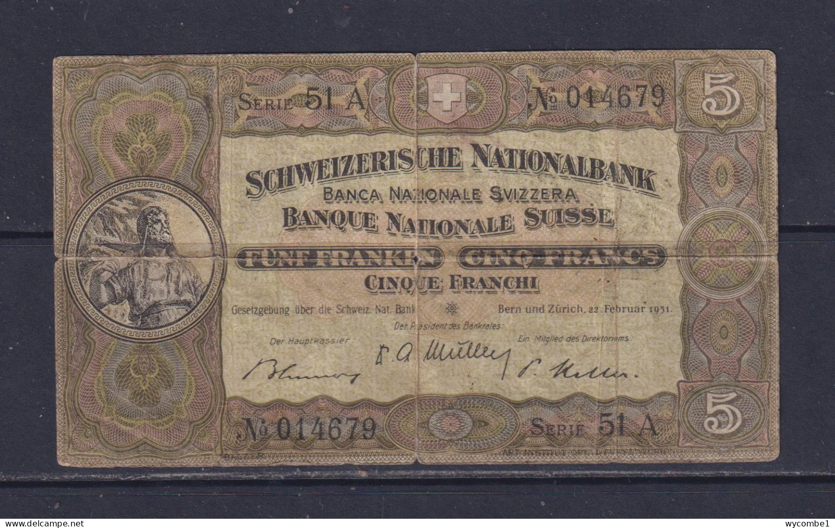 SWITZERLAND  - 1951 5 Francs Circulated Banknote As Scans - Switzerland