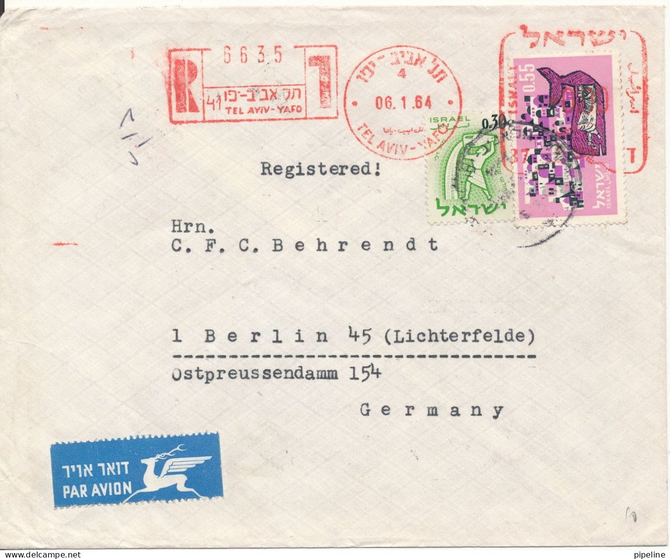 Israel Registered Cover With Meter Cancel And Stamps Sent To Germany Tel Aviv 6-1-1964 - Lettres & Documents