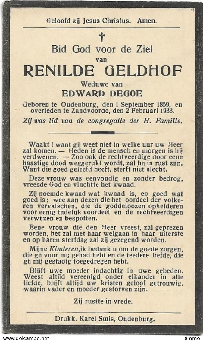 Doodsprentje  *  Geldhof Renilde (° Oudenburg 1859 / + Zandvoorde 1933) X Degoe Edward - Religion & Esotérisme