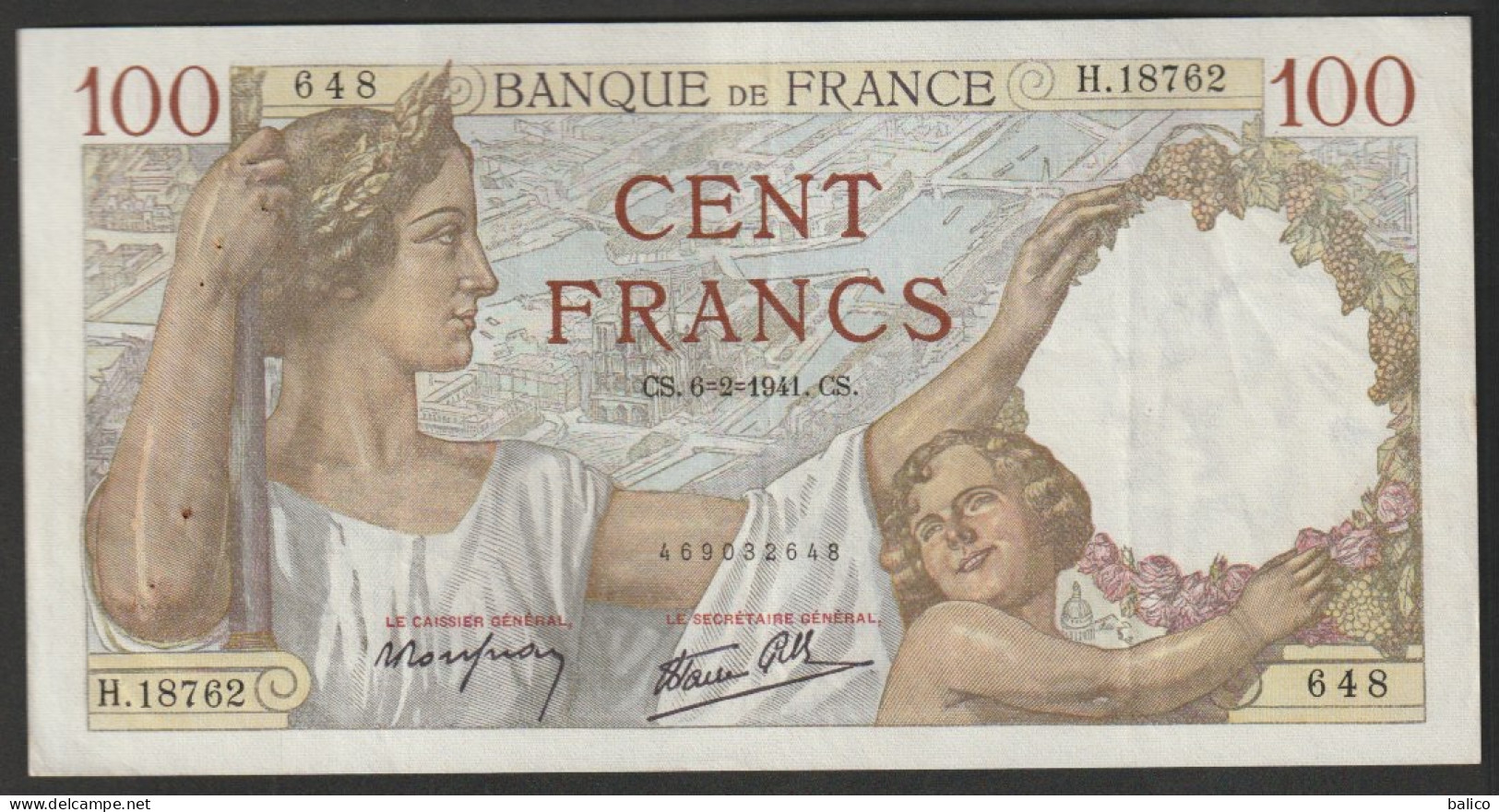 Billet 100 Francs SULLY - 6-2-1941 - N° H.18762/648 - 100 F 1939-1942 ''Sully''