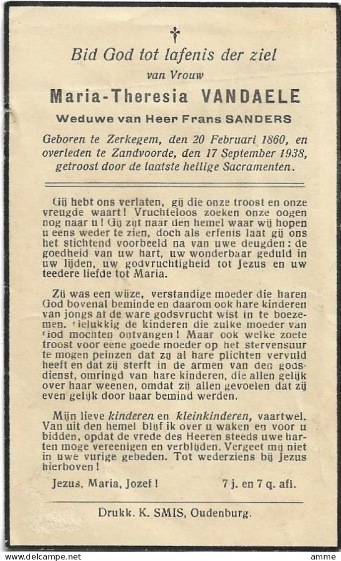 Doodsprentje  *  Vandaele Maria-Theresia (° Zerkegem 1860 / + Zandvoorde 1938) X Sanders Frans - Religion & Esotérisme