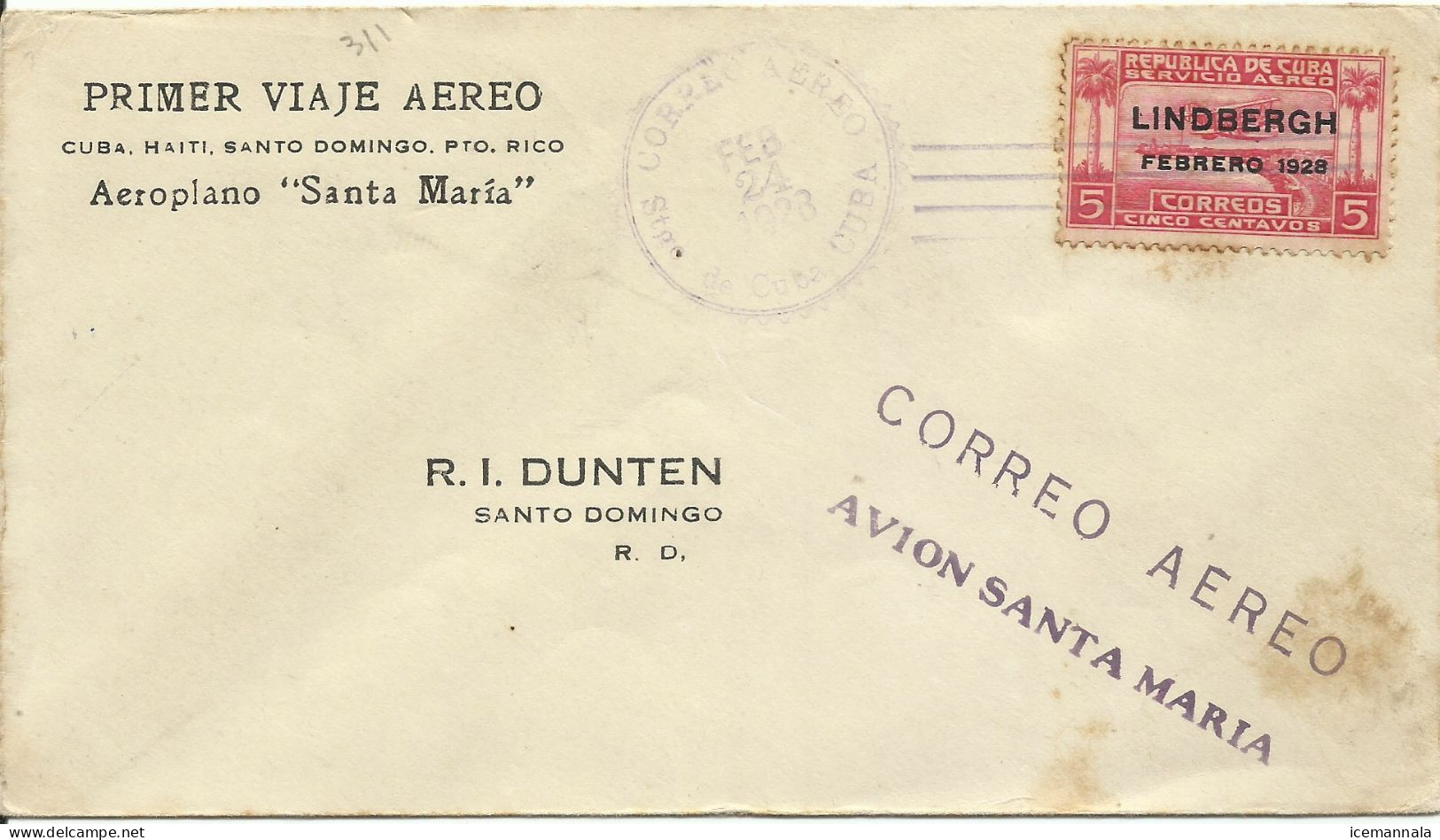 CUBA, CARTA CIRCULADA  PRIMER VIAJE AEROPLANO SANTA MARIA  EL 24/2/1928 - Cartas & Documentos