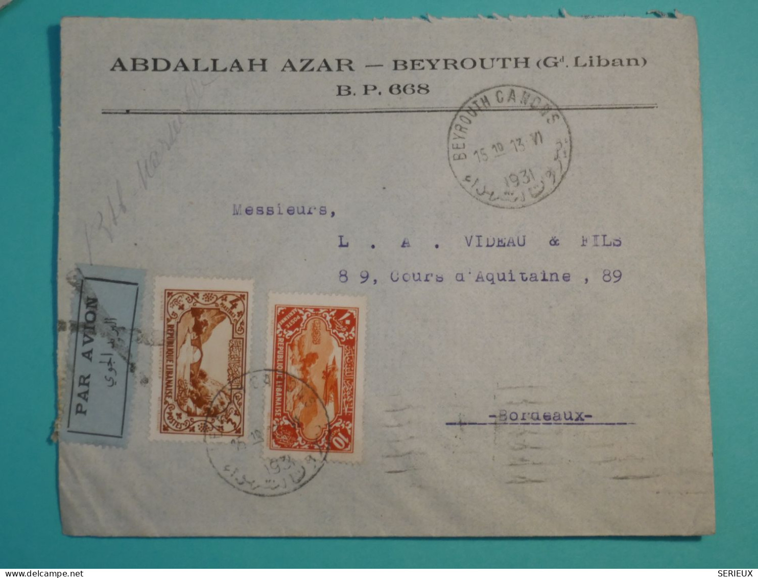 DI 6  LIBAN     BELLE  LETTRE 1931 BEYROUTH A BORDEAUX FRANCE ++AFF. INTERESSANT++ ++ - Briefe U. Dokumente