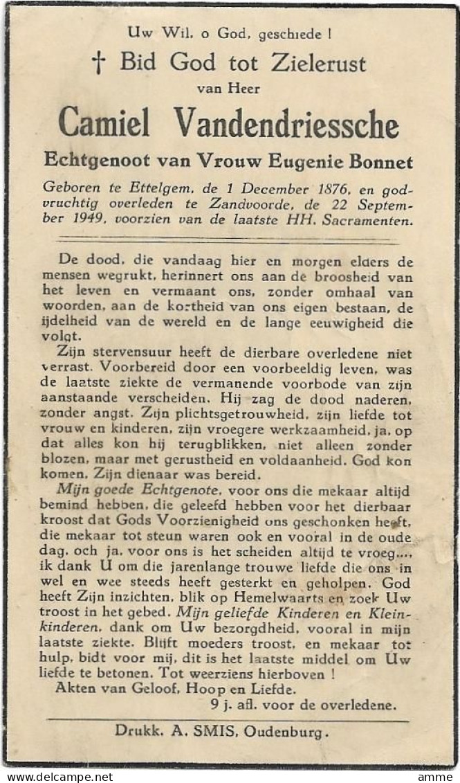 Doodsprentje  *  Vandendriessche Camiel (° Ettelgem 1876 / + Zandvoorde 1949) X Bonnet Eugenie - Religion & Esotérisme