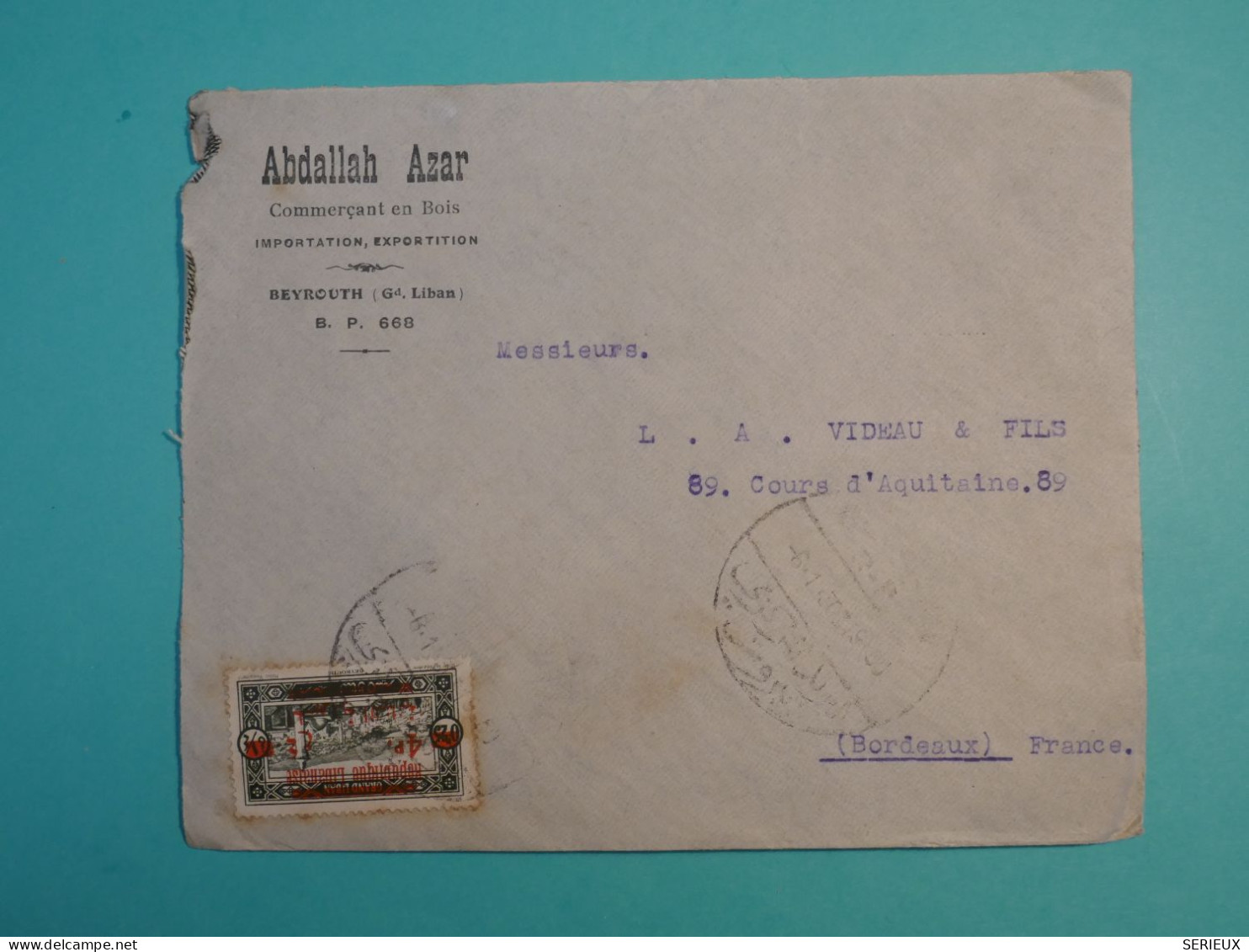 DI 6  LIBAN     BELLE  LETTRE 1931 BEYROUTH A BORDEAUX FRANCE +SURCHARGE+AFF. INTERESSANT++ ++ - Storia Postale