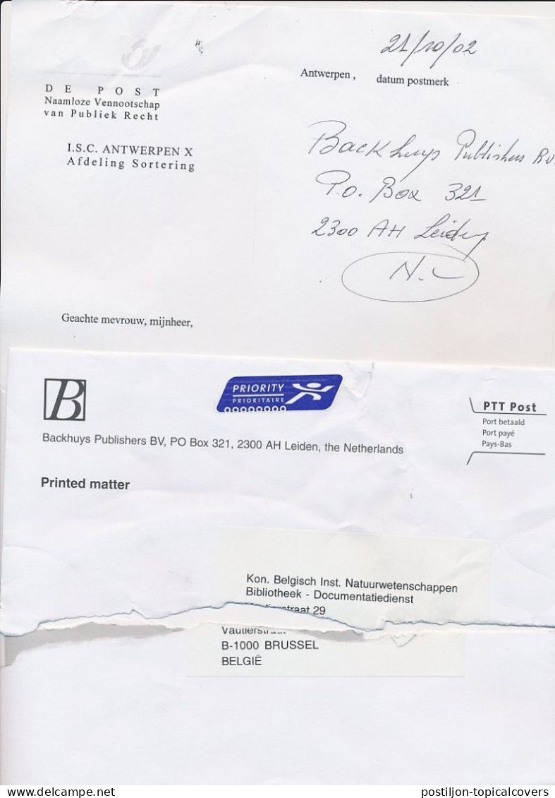 Antwerpen Belgie - Leiden The Netherlands 2002 - Damaged Mail - Apology Letter - Brieven En Documenten