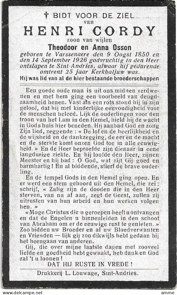 Doodsprentje  *  Cordy Henri (° Varsenare 1850 / + Sint-Andries 1929)  Zoon Theodoor & Osson Anna (kerkbaljuw) - Religion & Esotérisme