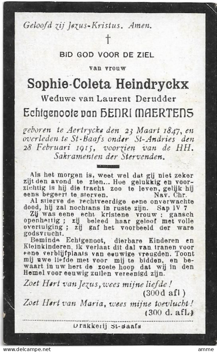 Doodsprentje  *  Heindryckx Sophie (° Aartrijke 1847 / + St.Baafs, Sint-Andries 1915) X Derudder Laurent, Maertens Henri - Religion & Esotérisme