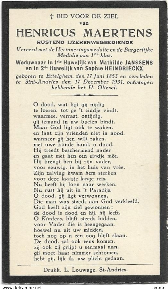 Doodsprentje  *  Maertens Henricus (° Ettelgem 1853 / + Sint-Andries 1931) X Janssens Mathilde, Heindrieckx Sophie - Religion & Esotérisme