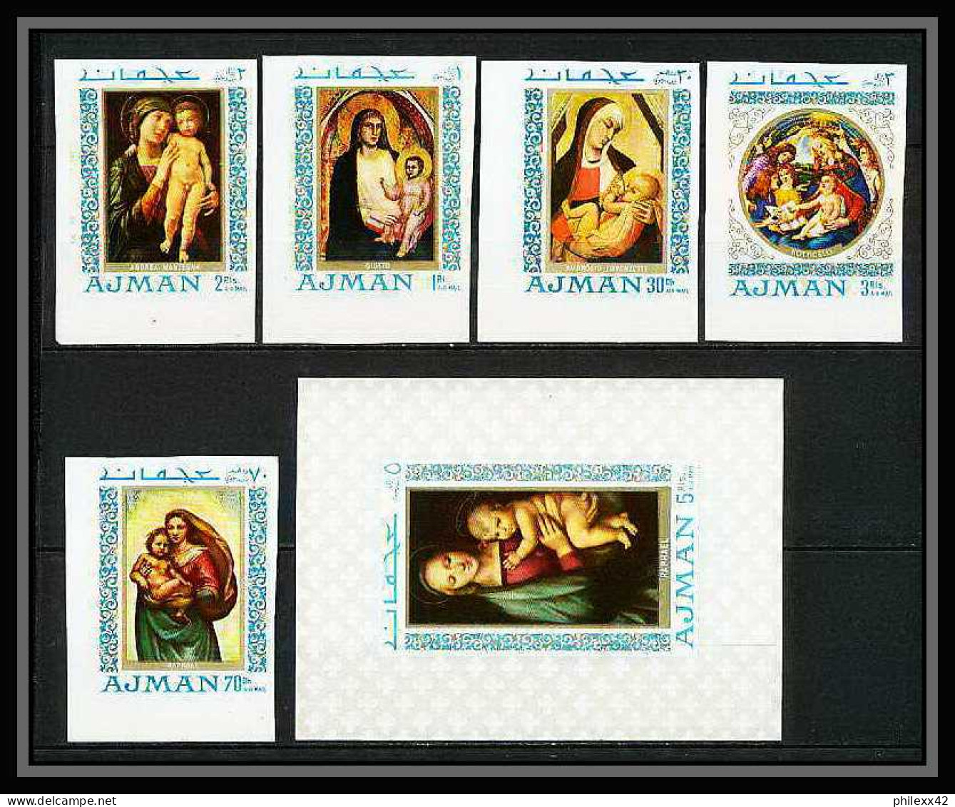 041k - Ajman - MNH ** Mi N° 327 / 331B.+ Bloc 66 Madones - Madonna Tableaux - Peinture (painting) Non Dentelé Imperf - Madonna