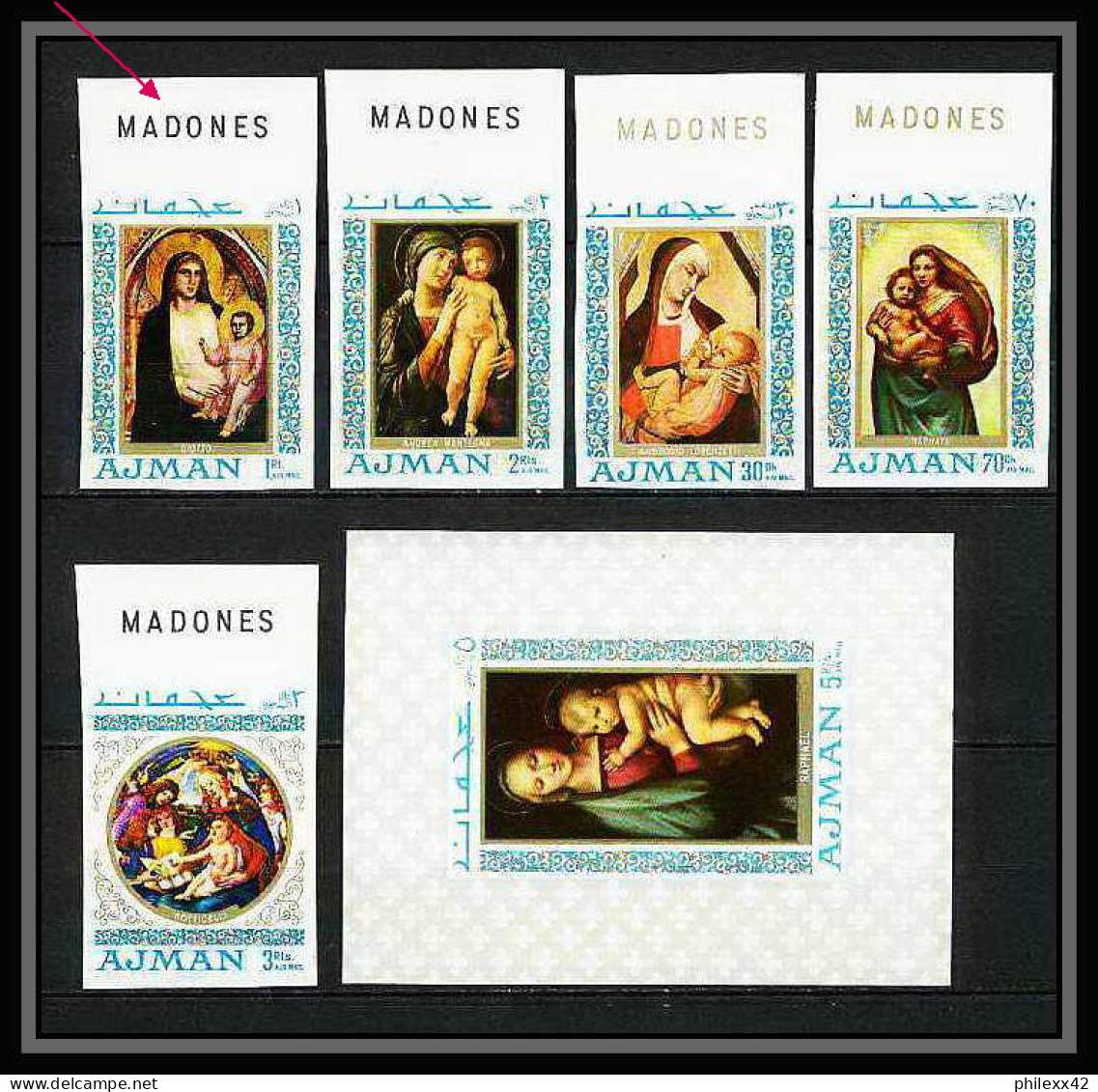 041l - Ajman - MNH ** Mi N° 327 / 331B.+ Bloc 66 Madones Inscription Marginal Tableau (Painting) Non Dentelé Imperf - Madonnen