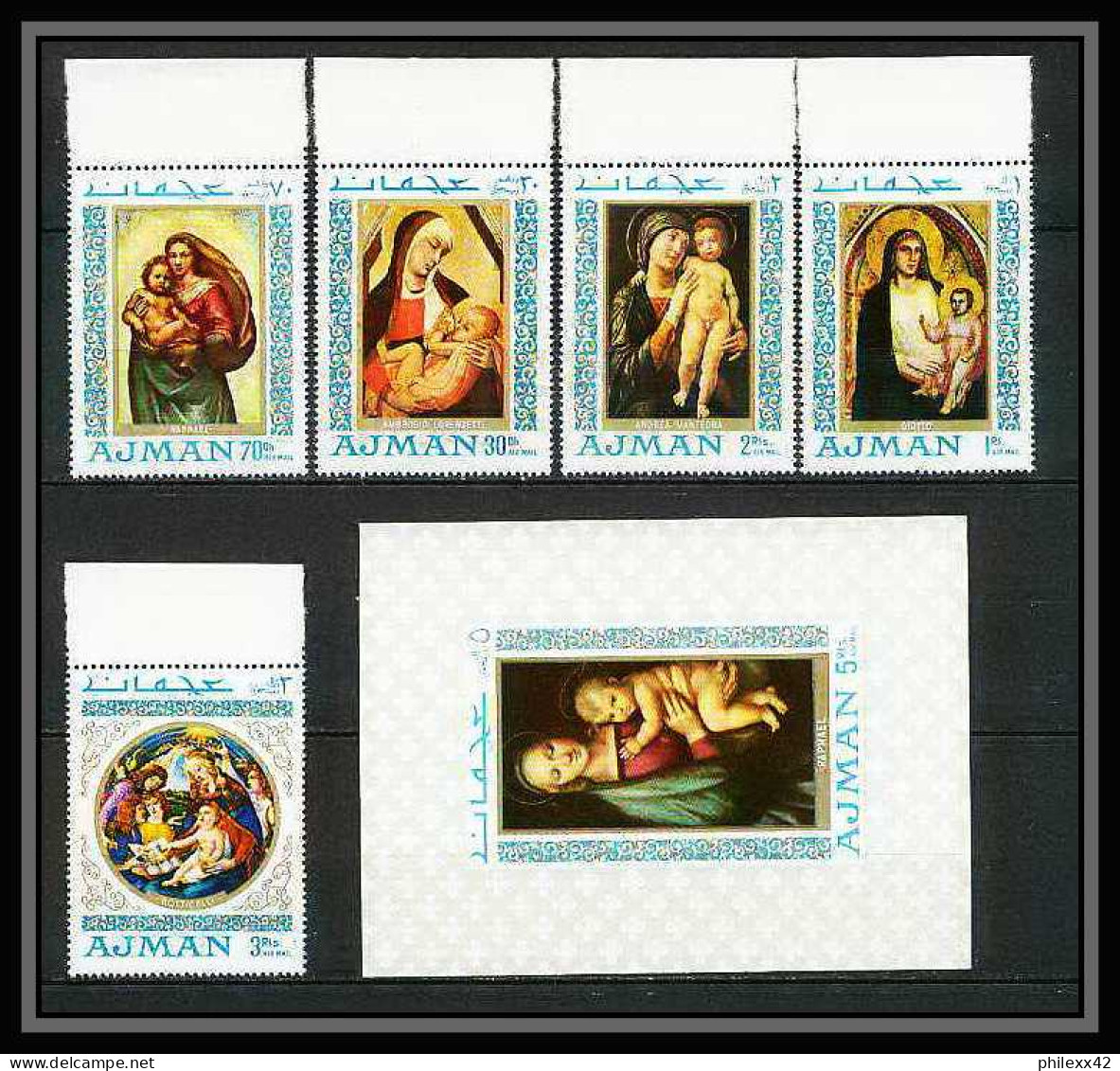 042k - Ajman - MNH ** Mi N° 327 / 331 A + Bloc 66 Madones (madonna) Raphael / Botticelli Tableaux - Peinture (painting)  - Madonna