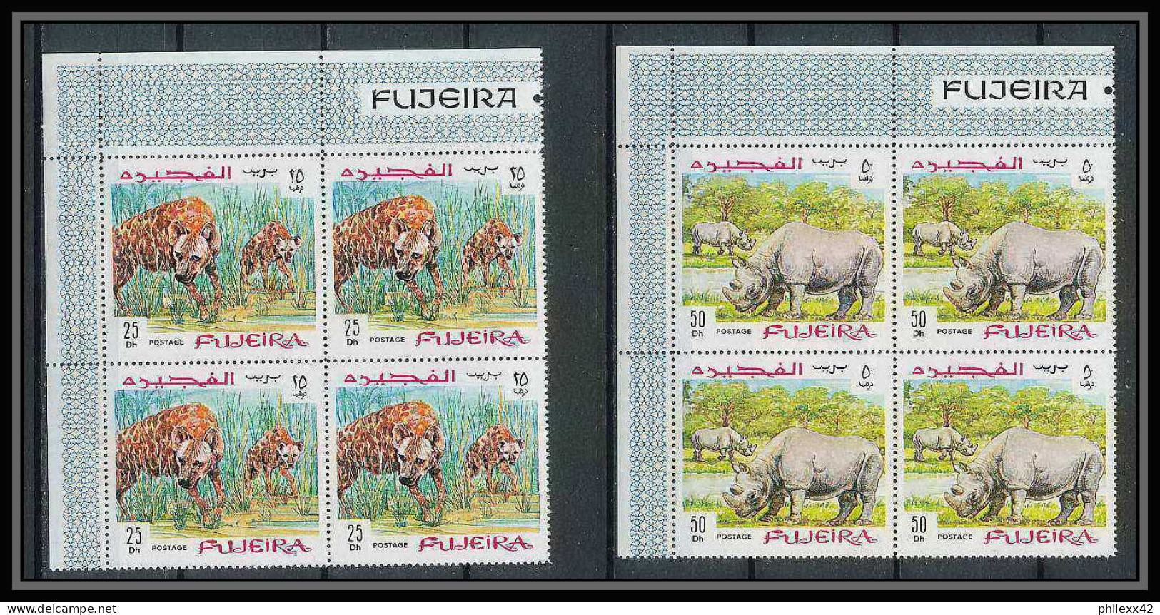 071b - Fujeira - MNH ** Mi N° 302 / 310a Animaux (wild Animals) Lion Elephant Giraffa Tiger Rhinoceros Bloc 4 - Gorilla