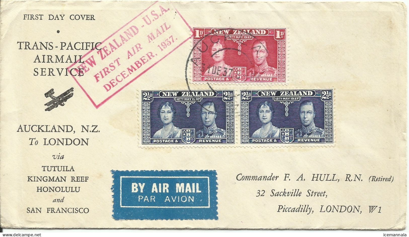 NUEVA ZELANDA,  CARTA CIRCULADA  PRIMER  VUELO  N. ZELAND/USA   EL 31/12/1937 - Lettres & Documents