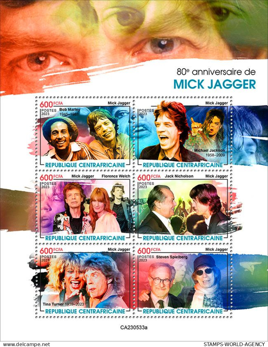 2024-02 - CENTRAL AFRICAN- MICK JAGGER             6V  MNH** - Chanteurs