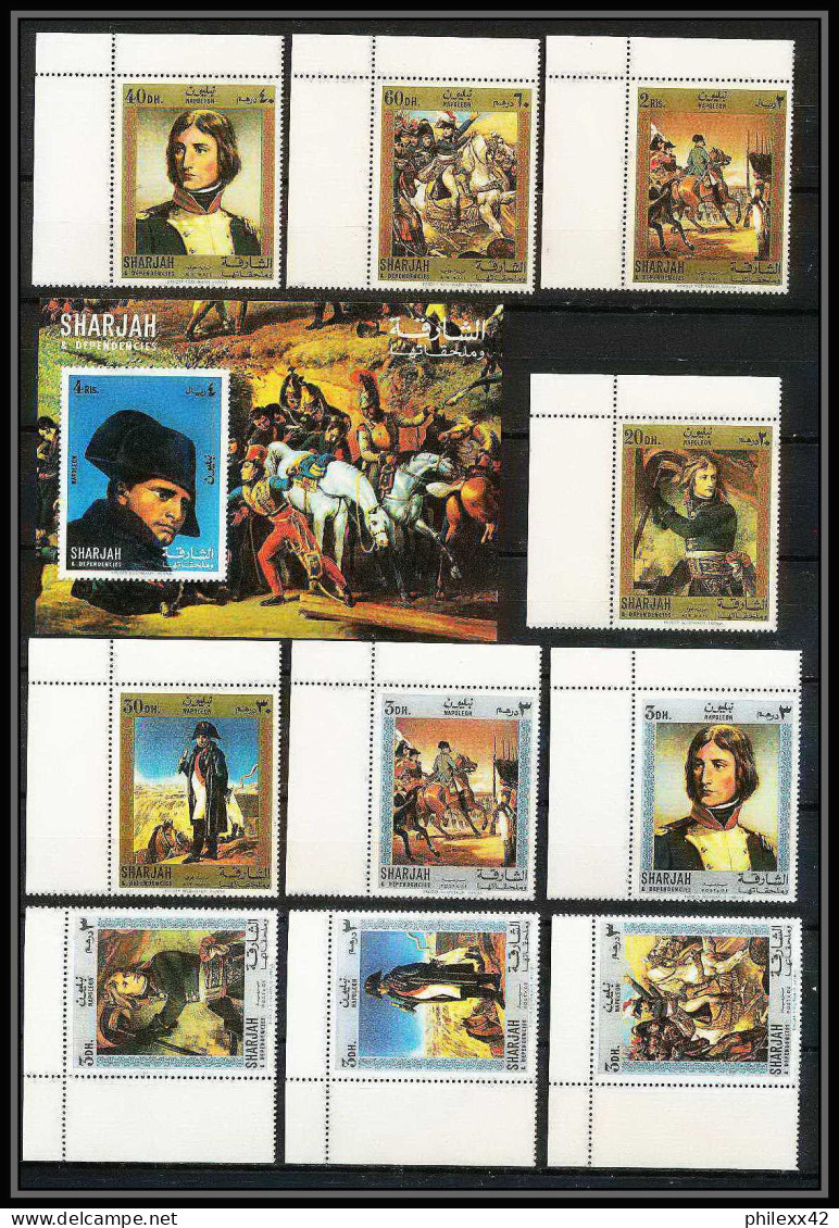 255n - Sharjah MNH ** Mi N° 622 / 631 A + Bloc 64 A Napoléon Tableau (tableaux Paintings) Coin De Feuille - Napoleon