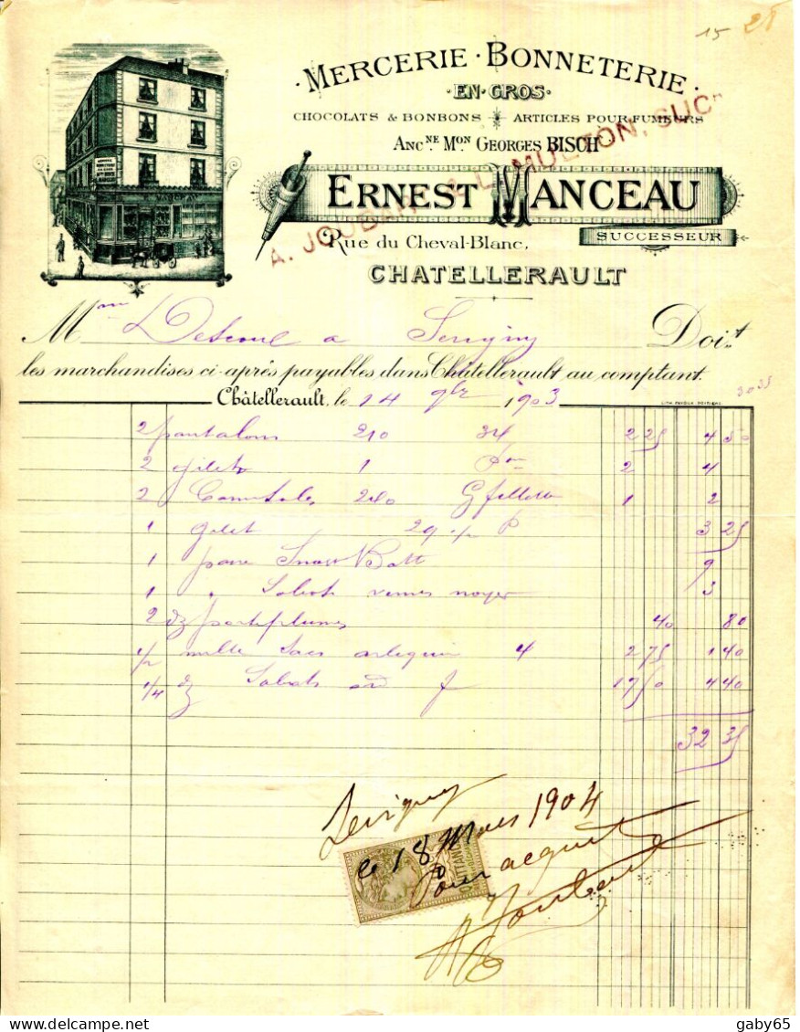 FACTURE.86.CHATELLERAULT.MERCERIE.BONNETERIE.ERNEST MANCEAU RUE DU CHEVAL BLANC. - Textile & Clothing