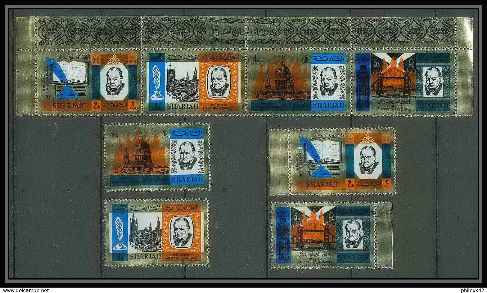 347d - Sharjah MNH ** Mi N° 221/224 + Bande Winston Churchill Tirage OR (gold Stamps) RARE - Sir Winston Churchill