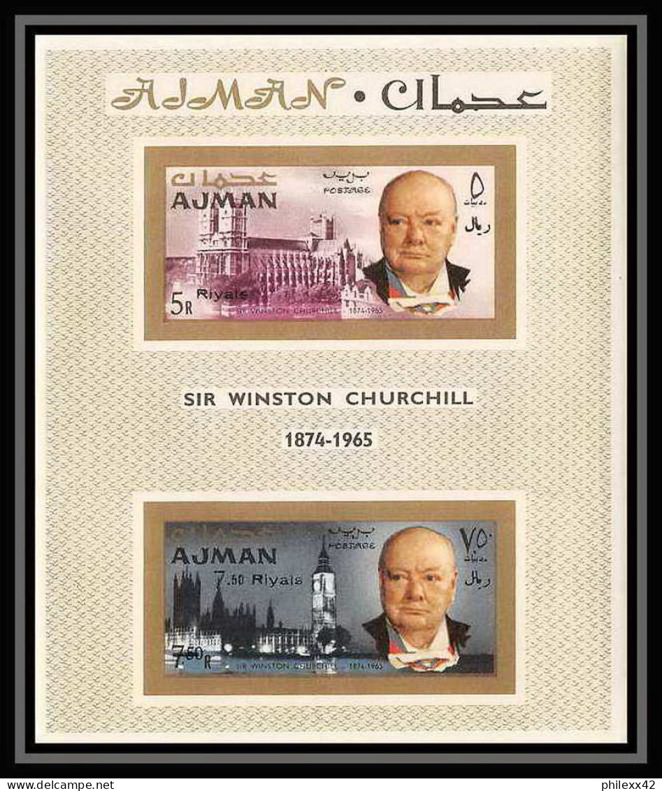 348 - Ajman MNH ** Mi Bloc N° 10 B Winston Churchill Overprint Non Dentelé (Imperf) - Sir Winston Churchill