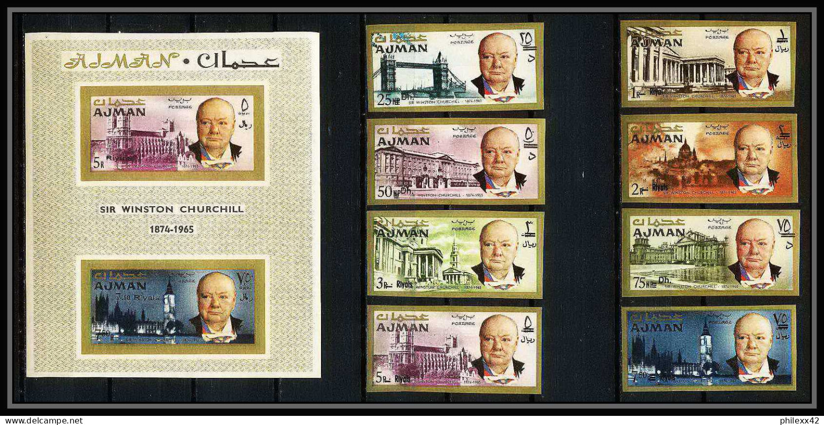 348c - Ajman MNH ** Mi N° 117 / 124 B + Bloc 10 B Winston Churchill Overprint Non Dentelé (Imperf) - Sir Winston Churchill