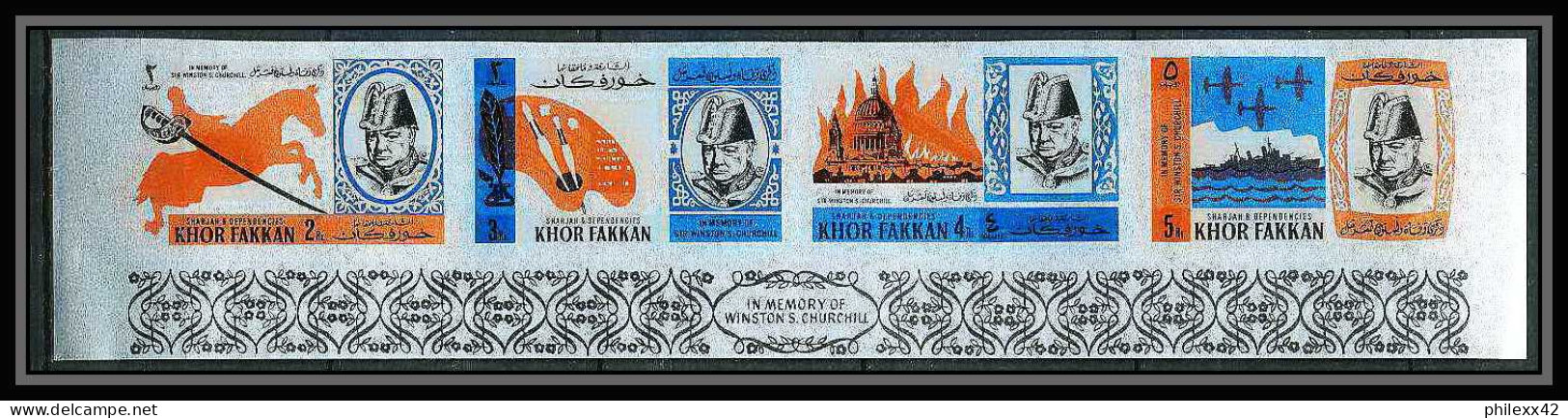 352g - Sharjah Khor Fakkan MNH ** Mi N° 46 / 49 B + Bloc 2 B Churchill Non Dentelé (Imperf)  - Sir Winston Churchill