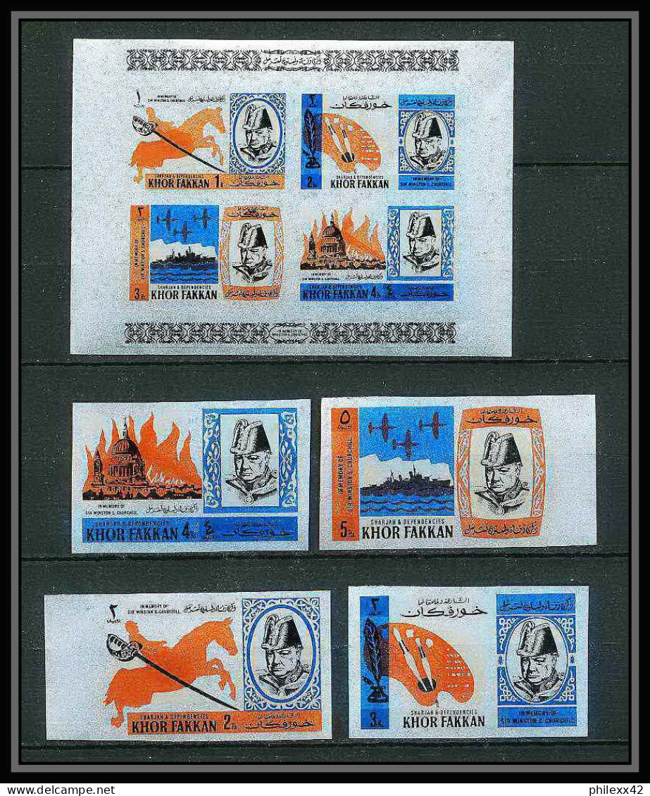 352g - Sharjah Khor Fakkan MNH ** Mi N° 46 / 49 B + Bloc 2 B Churchill Non Dentelé (Imperf)  - Sir Winston Churchill