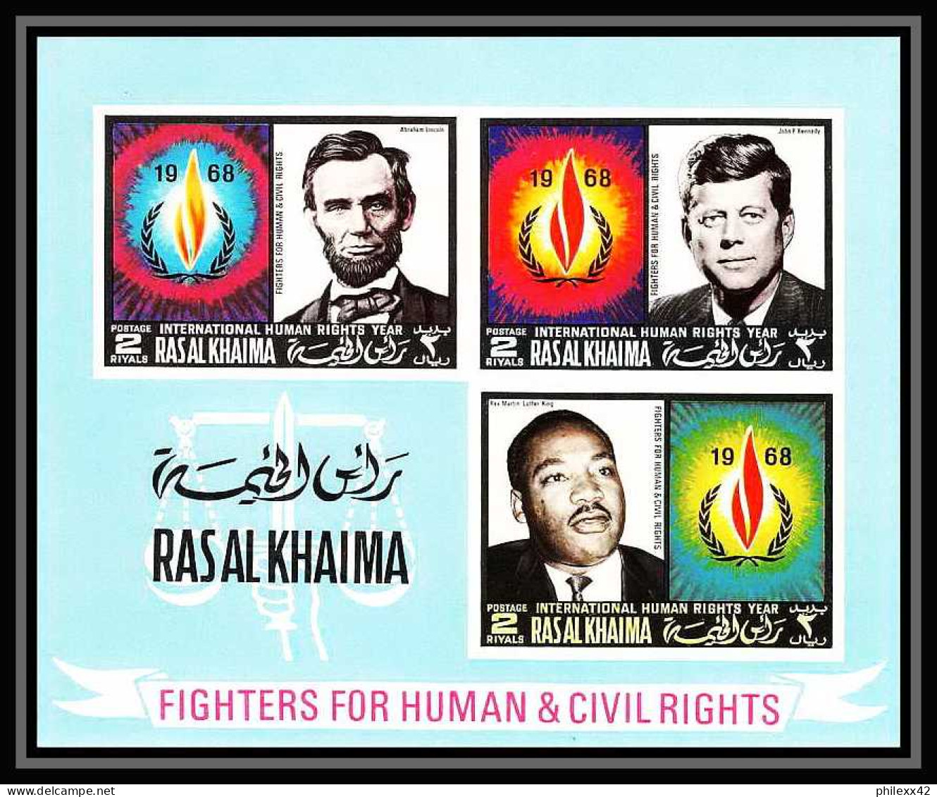 358a - Ras Al Khaima MNH ** Mi Bloc N° 41 B Human Rights Kennedy Lincoln Luther King Non Dentelé (Imperf) - Kennedy (John F.)