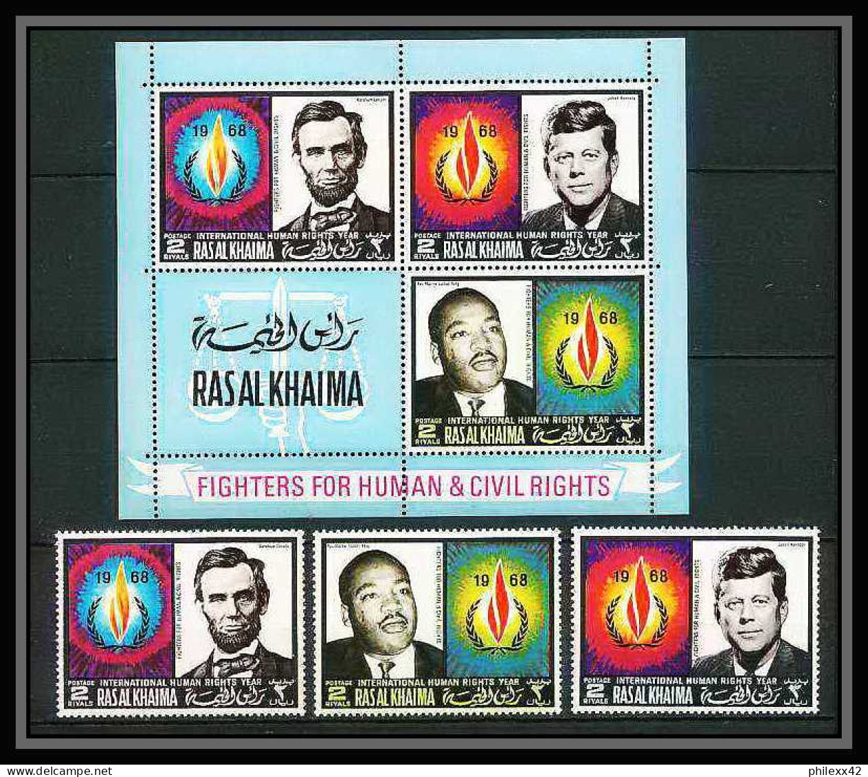 358c - Ras Al Khaima MNH ** Mi N° 226 / 228 A + Bloc N° 41 A Human Rights Kennedy Lincoln Luther King  - Kennedy (John F.)