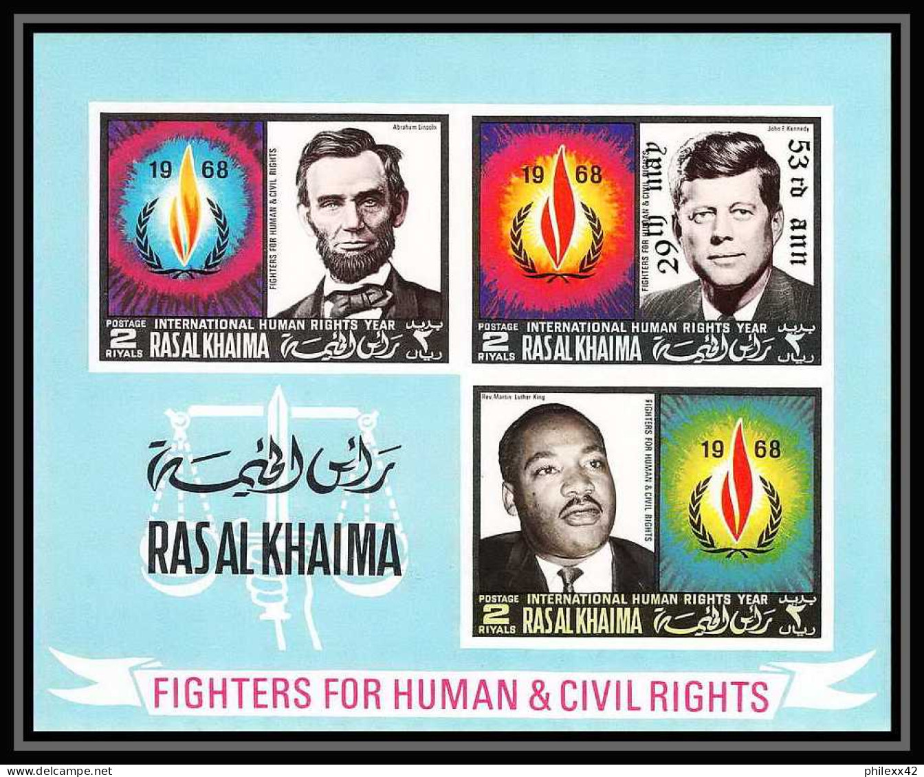 359 - Ras Al Khaima MNH ** Mi Bloc N° 125 B Overprint Human Rights Kennedy Lincoln Luther King Non Dentelé Imperf - Kennedy (John F.)