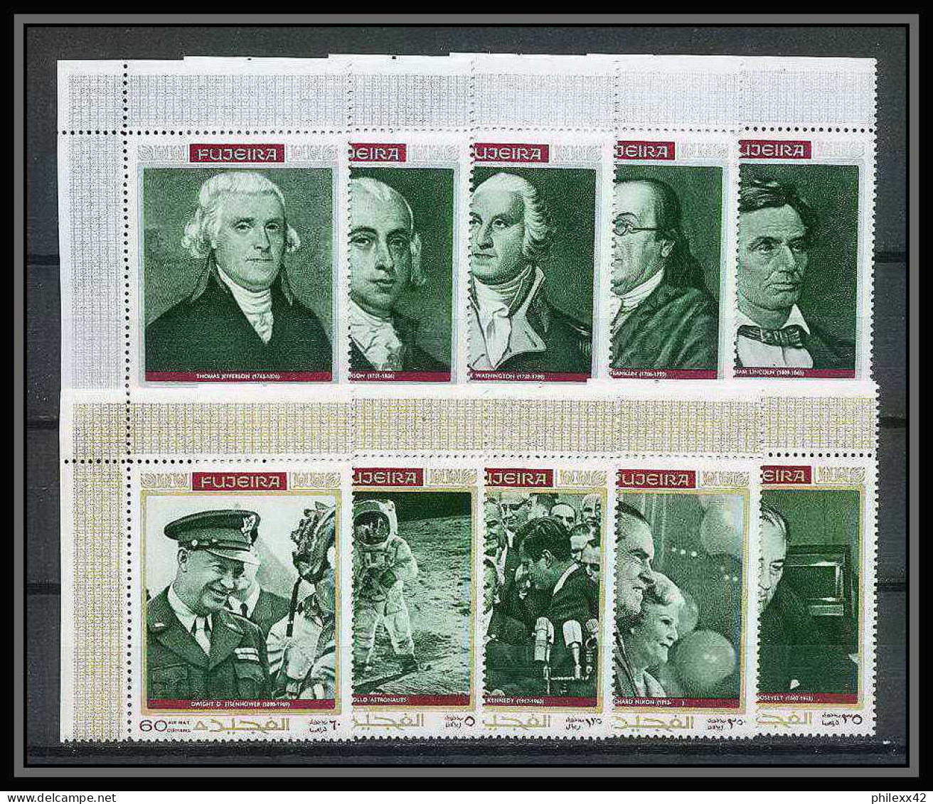 364 Fujeira MNH ** Mi N° 485 / 494 A Personalities From American History Espace (space) Kennedy Armstrong Lincoln Nixon - Independecia USA
