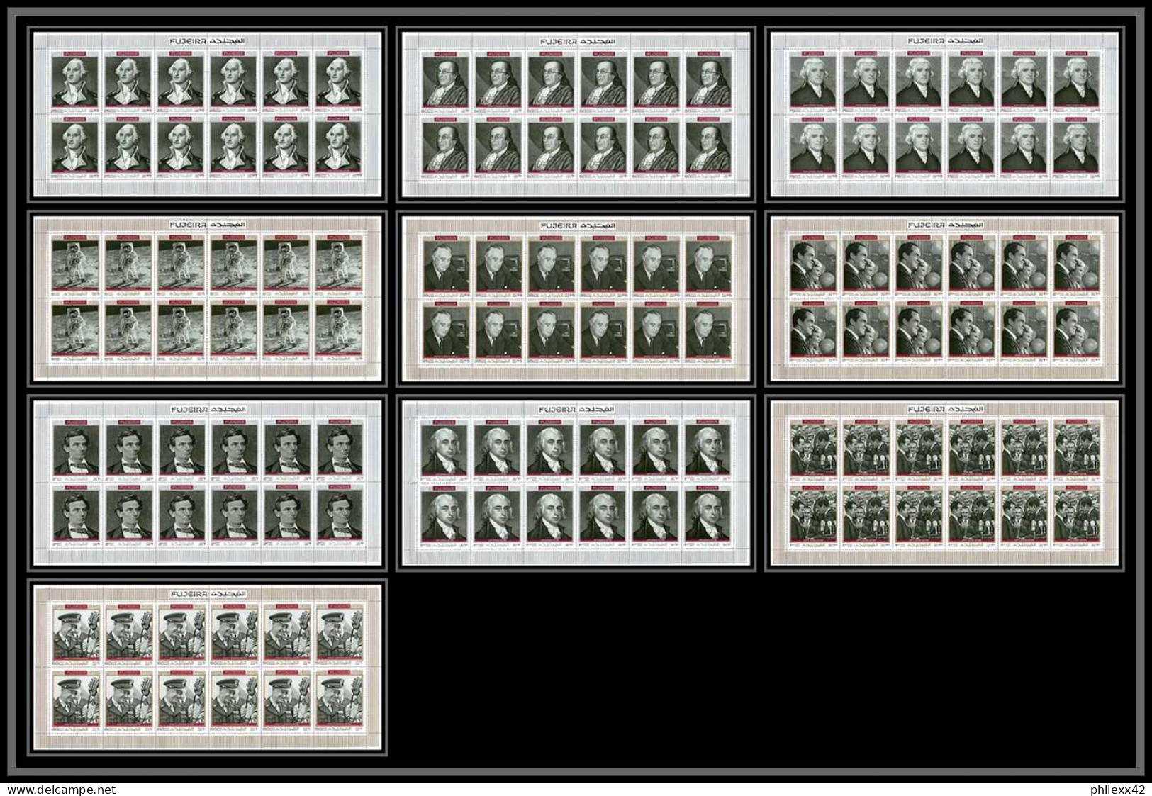 364 Fujeira MNH ** Mi N° 485 / 494 A Personalities From American History Space Kennedy Armstrong Lincoln Feuilles Sheets - Independecia USA