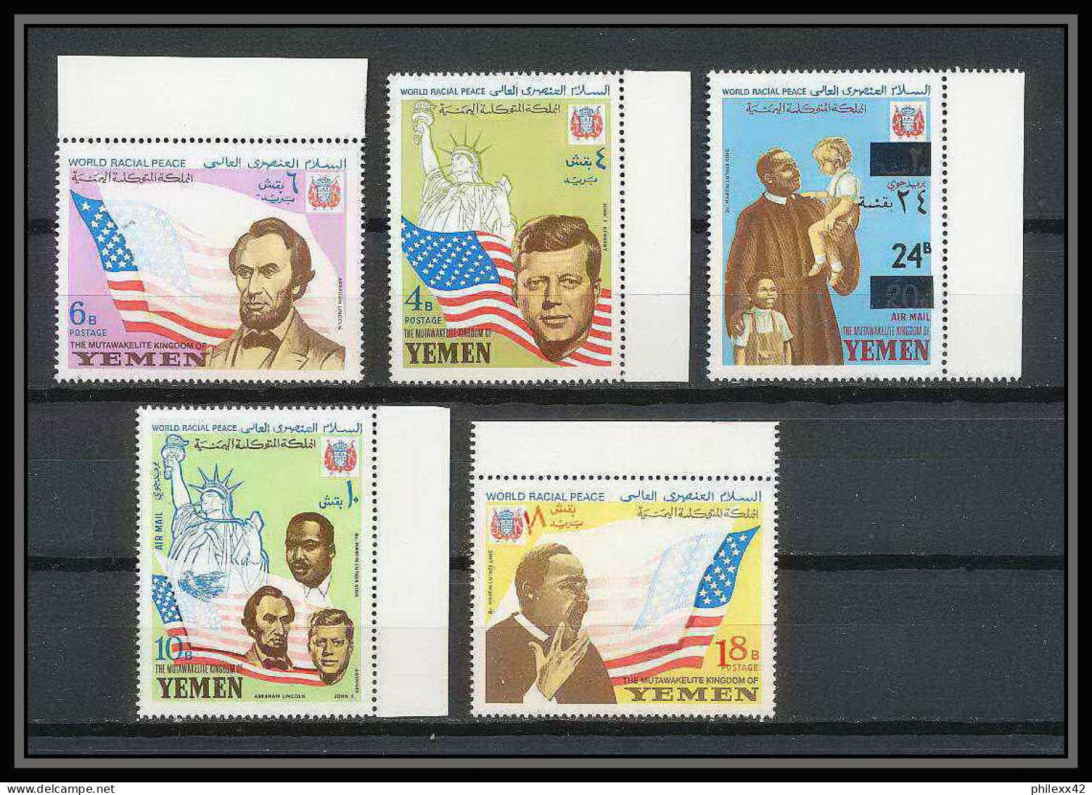 371j - Yemen Kingdom MNH ** Mi N° 585 / 589 A + Bloc N° 130 /132 Kennedy Luther King Lincol Liberty Statue  - Kennedy (John F.)