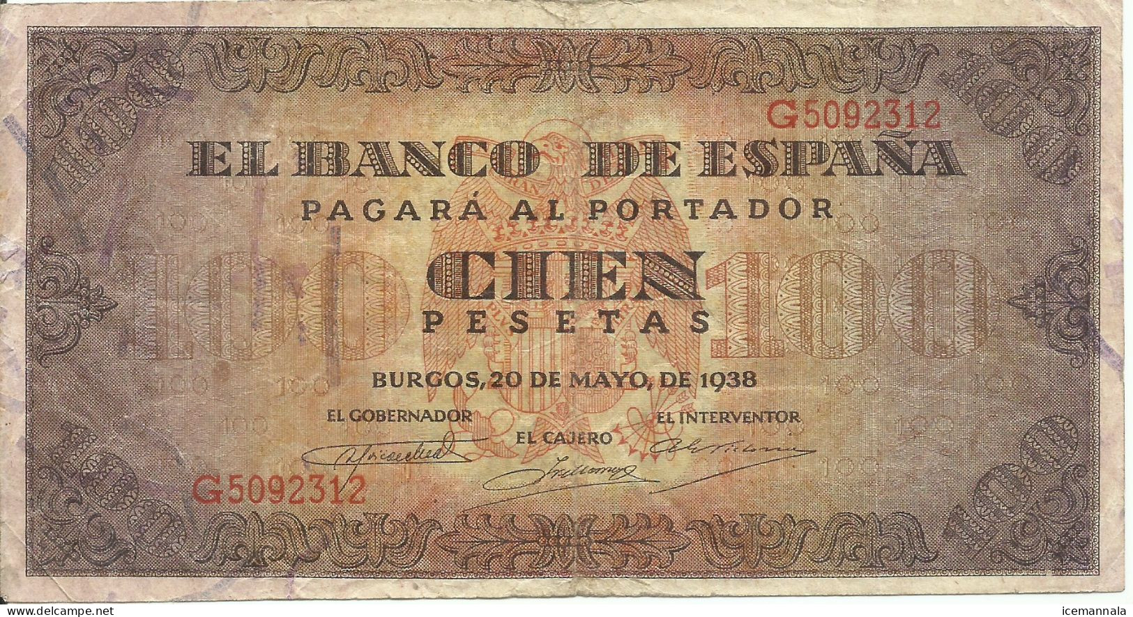 ESPAÑA, BILLETE  DE  100 PESETAS, AÑO 1938  BC - 100 Pesetas