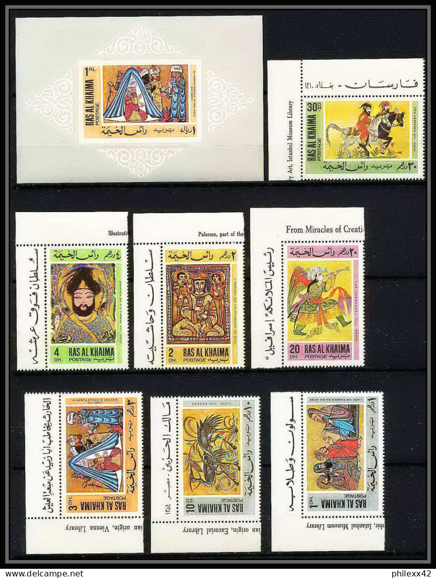 419b - Ras Al Khaima MNH ** Mi N° 167/173 A + Bloc N° 29 Arab Arabe Miniatures Tableau Tableaux Painting Coin De Feuille - Islam