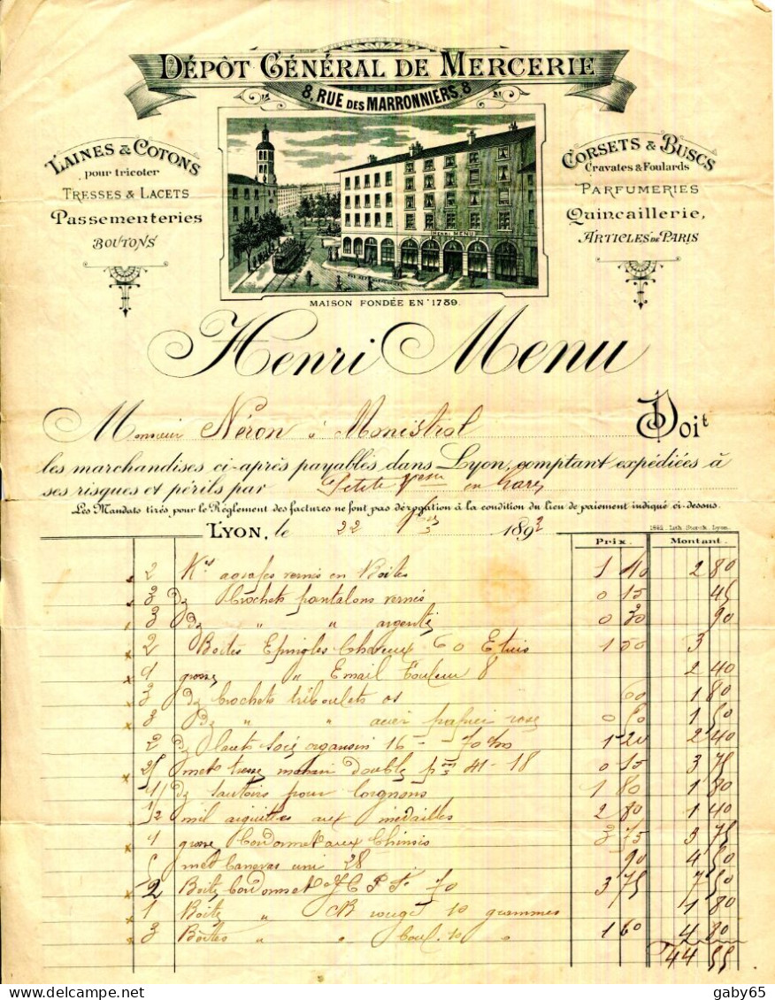 FACTURE.LYON.CORSETS.BUSCS.PARFUMERIE.DÉPOT GÉNÉRAL DE MERCERIE.HENRI MENU 8 RUE DES MARRONNIERS. - Textile & Clothing