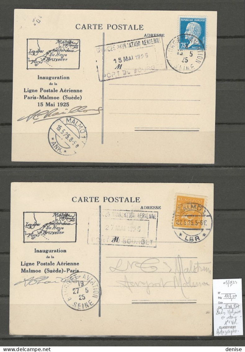 France - Paris - Malmoe - Suede Et Retour - 1er Vol - DEPART 1 EURO -  15/05/1925 - AUTOGRAPHE - 1927-1959 Covers & Documents