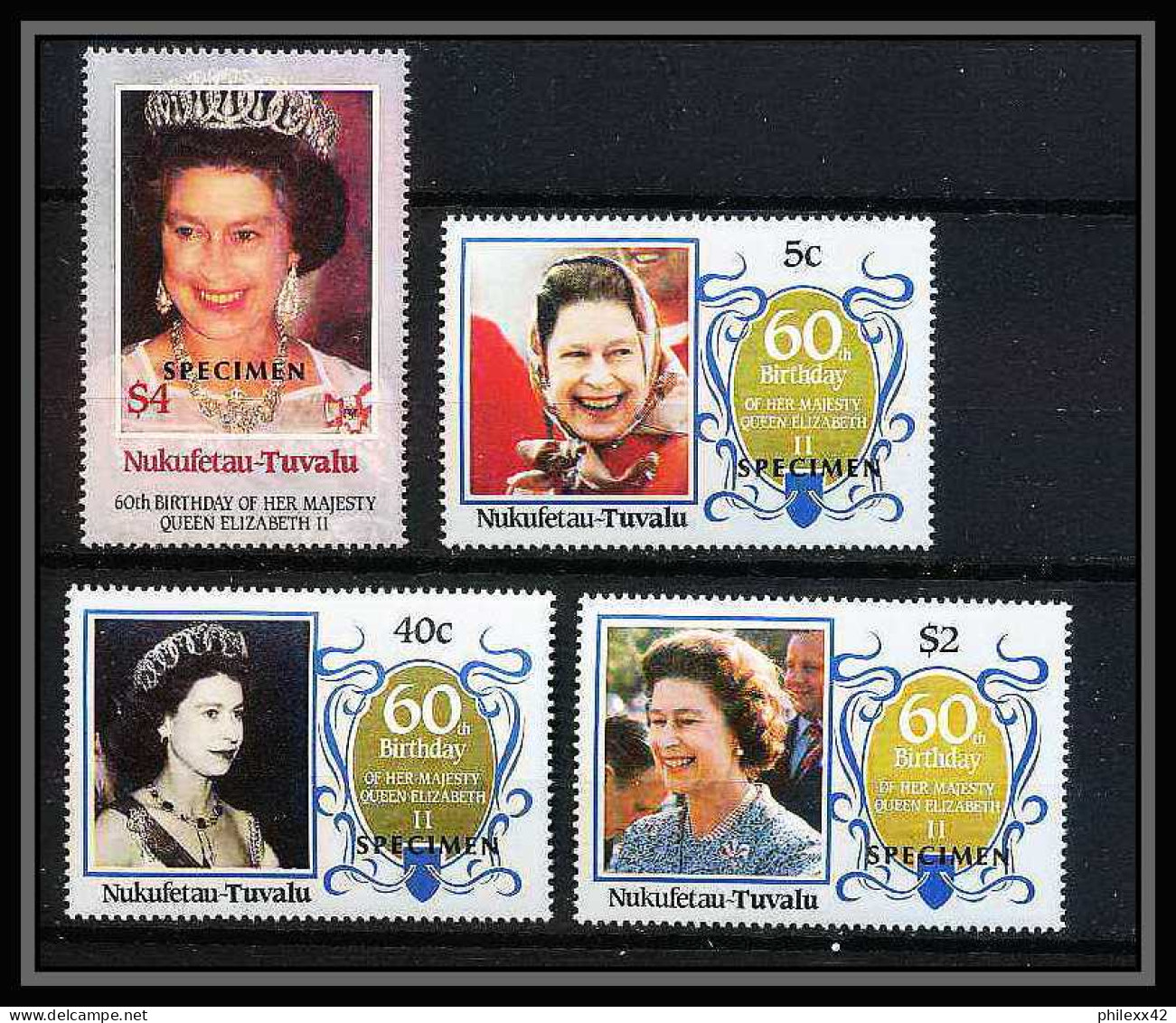 591b Nukufetau Tuvalu MNH ** 1985 SC 51-55 MI 55-62 Bloc 4 Elizabeth Queen Mother Overprint Specimen Proof - Tuvalu