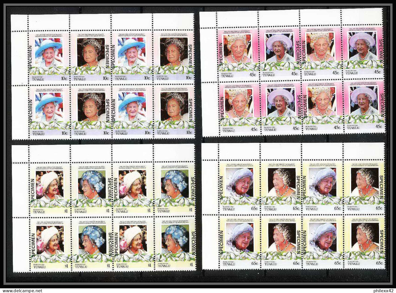 590b Nukufetau Tuvalu MNH ** 1985 N° 44 / 47 Elizabeth Queen Mother Overprint Specimen Proof BLOC 4 - Tuvalu