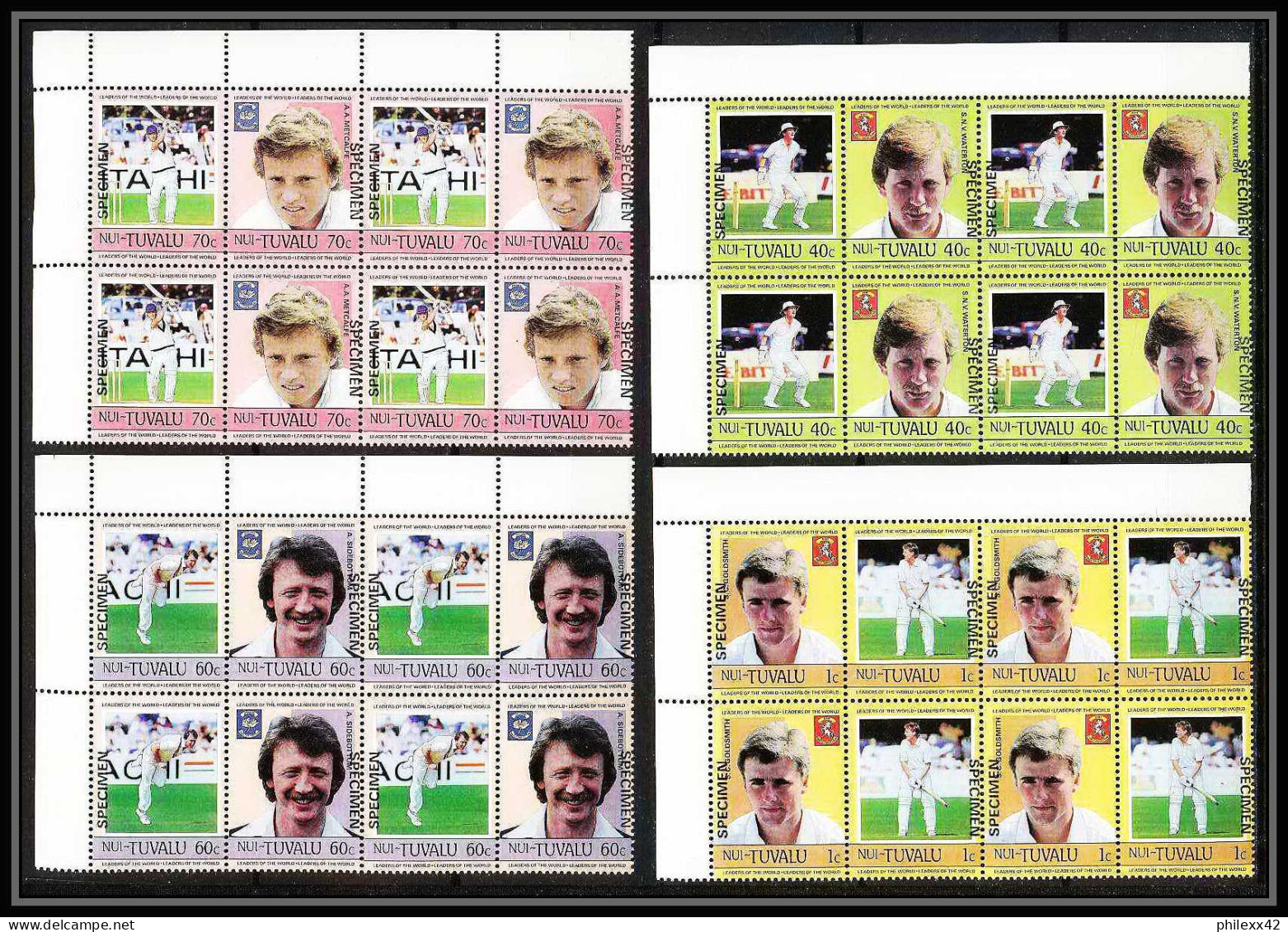 593b Nui Tuvalu MNH ** 1985 MI N° 37- 44 Sc N° 41- 44 Cricket Overprint Specimen Proof BLOC 4 - Cricket