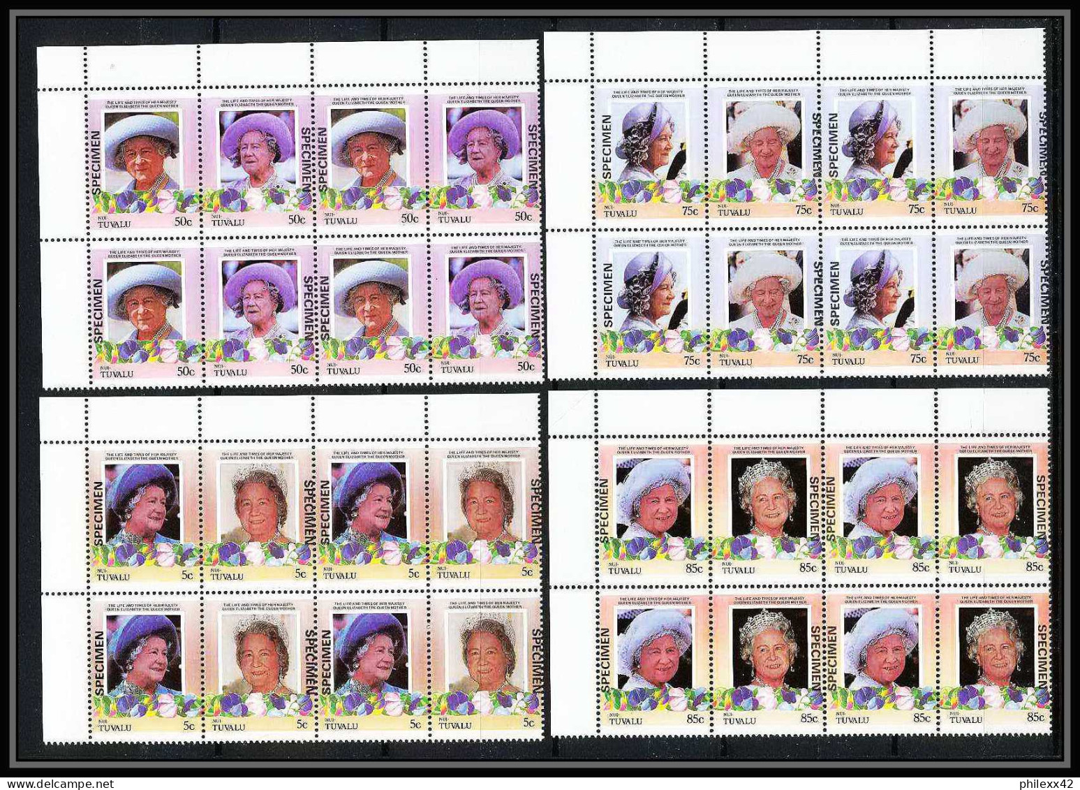 594b Nui Tuvalu MNH ** 1985 Mi N° 45-52 Sc 49/52 Elizabeth Queen Mother Overprint Specimen Proof BLOC 4 - Tuvalu