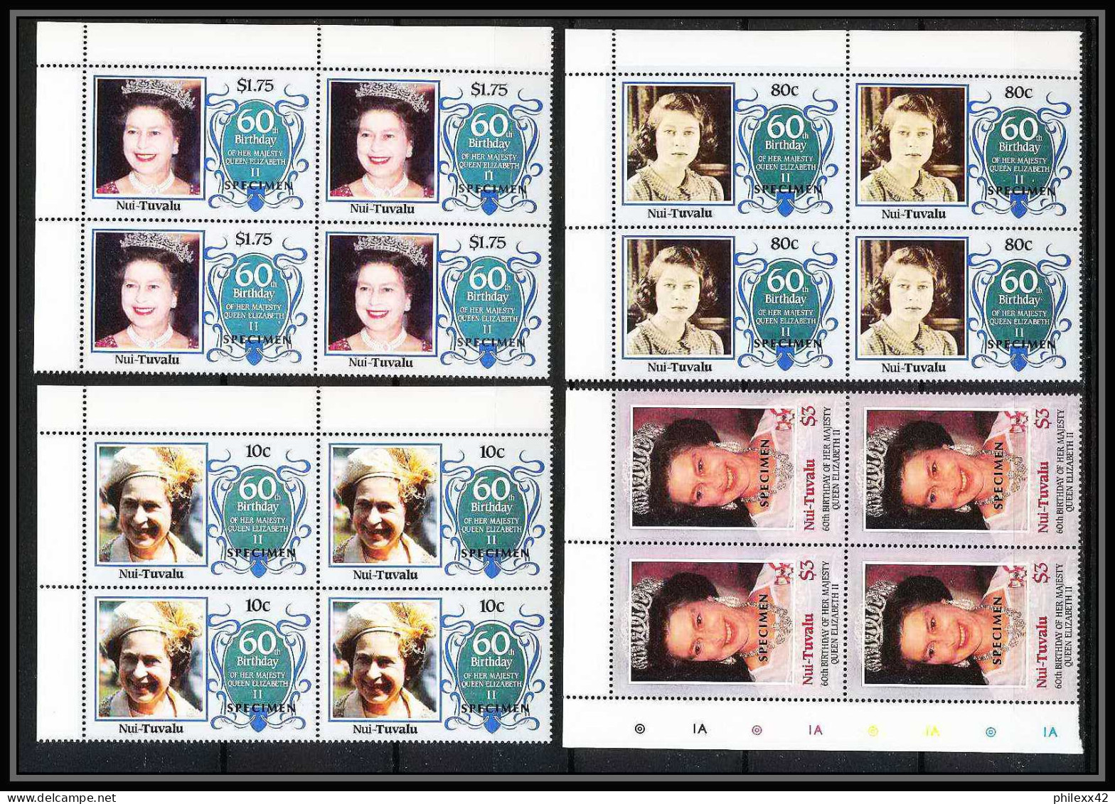 595b Nui Tuvalu MNH ** 1986 Mi N° 71 / 74 Sc 56 / 59 Elizabeth Queen Mother Overprint Specimen Proof BLOC 4 - Tuvalu