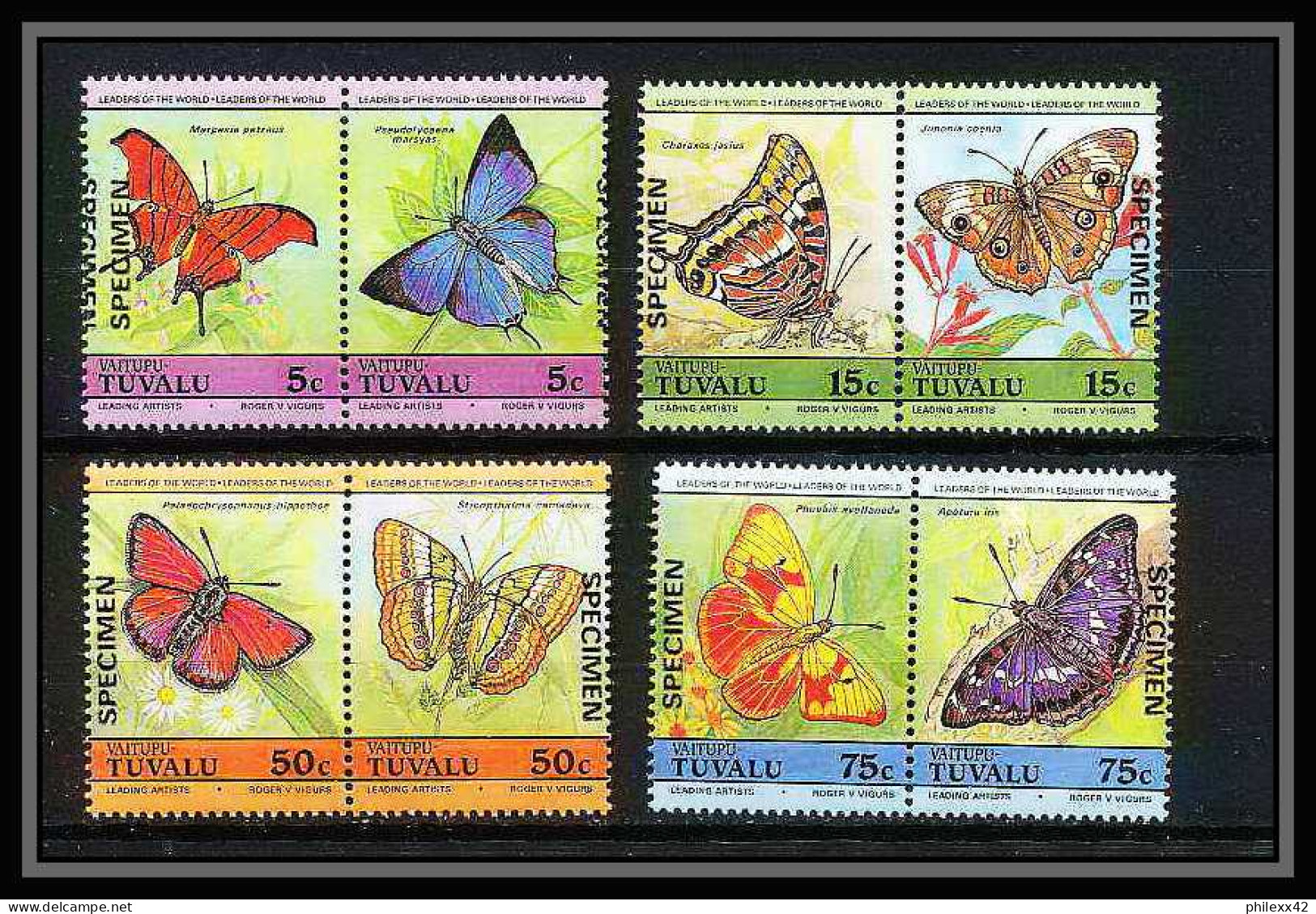 595d Vaitupu Tuvalu MNH ** 1985 Michel N° 45/52 Sc N° 39 / 42 Papillons (butterflies Papillon) Overprint Specimen Proof - Tuvalu