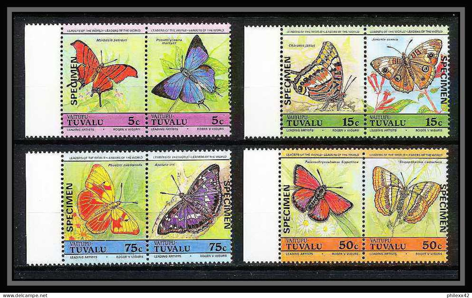 595e Vaitupu Tuvalu MNH ** 1985 Michel N° 45/52 Sc N° 39 / 42 Papillons (butterflies Papillon) Overprint Specimen Proof - Tuvalu
