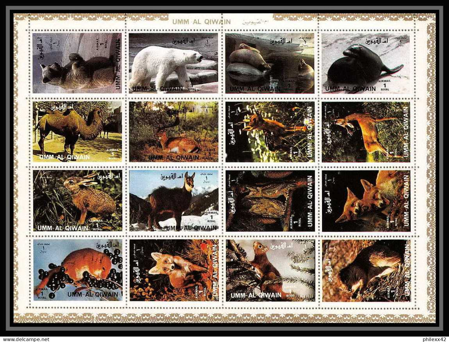 617b - Umm Al Qiwain MNH ** Mi N° 1130 / 1145 A + Bloc Animals Animaux Mammals Camel Squirrel Dog Lion Polar Bear Fox - Rabbits