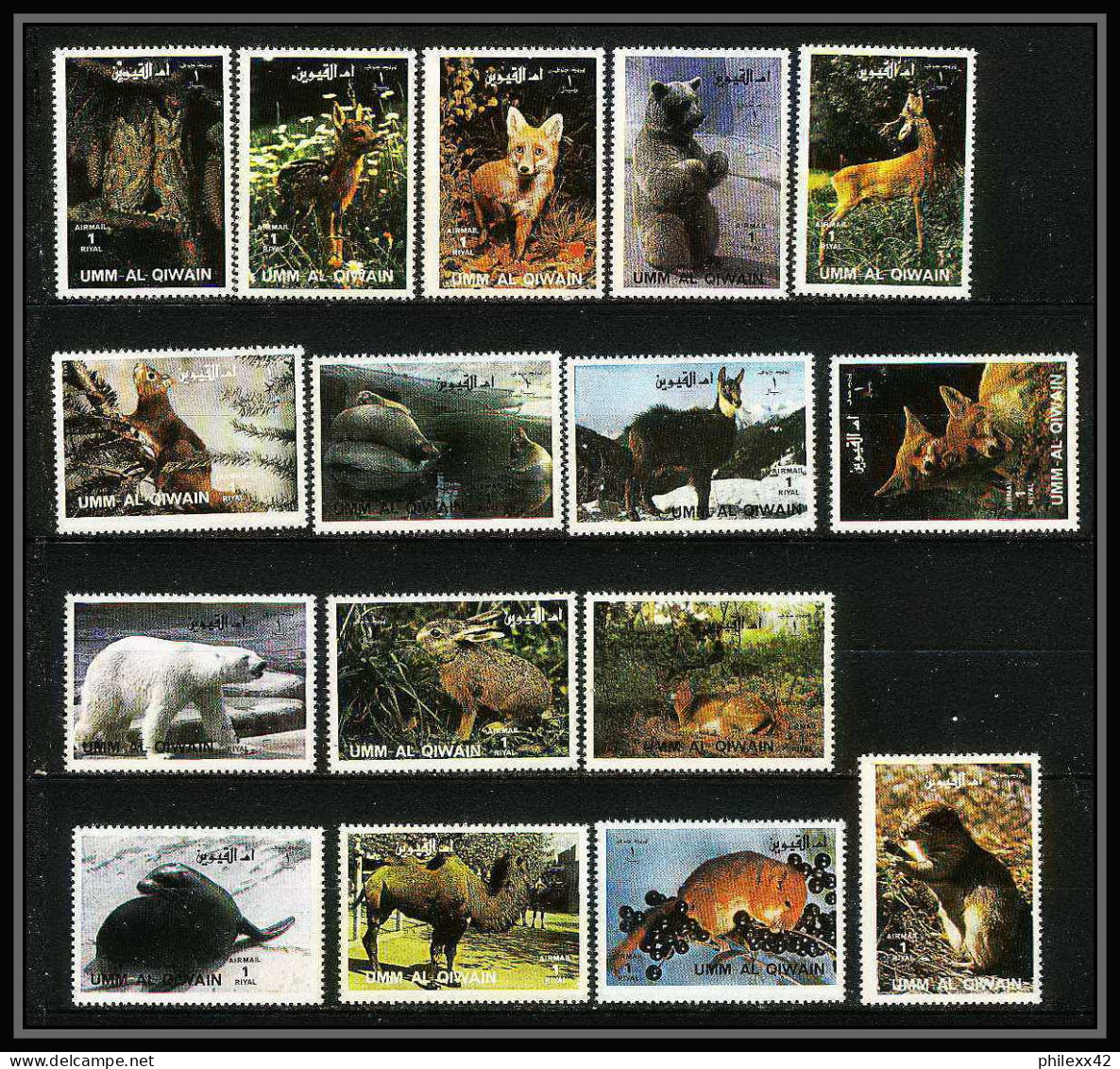 617b - Umm Al Qiwain MNH ** Mi N° 1130 / 1145 A + Bloc Animals Animaux Mammals Camel Squirrel Dog Lion Polar Bear Fox - Rabbits